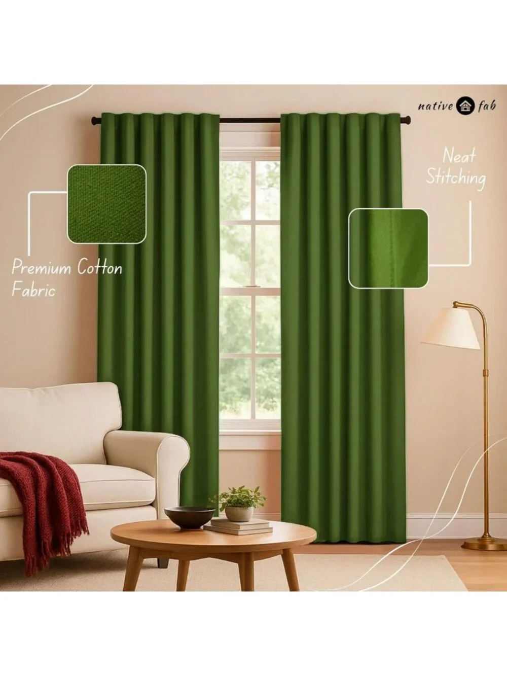 Forest Green 100% Cotton Light Filtering Curtain Panels 54